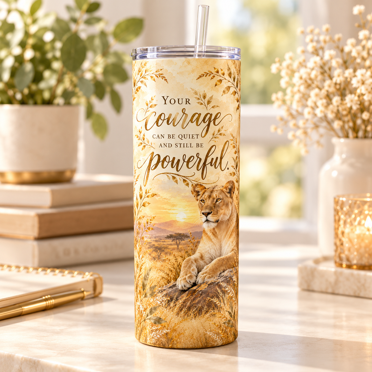Golden Courage 20oz Tumbler – desk view