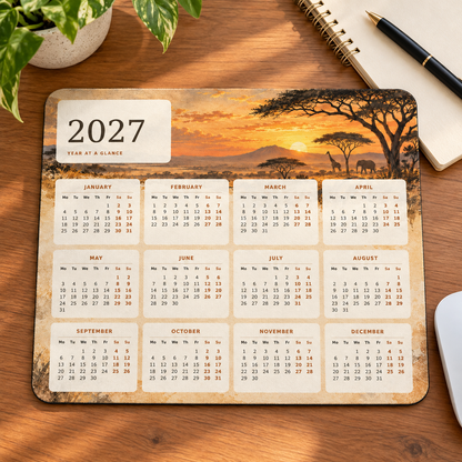 Golden Safari 2027 Calendar Mousepad – desk view