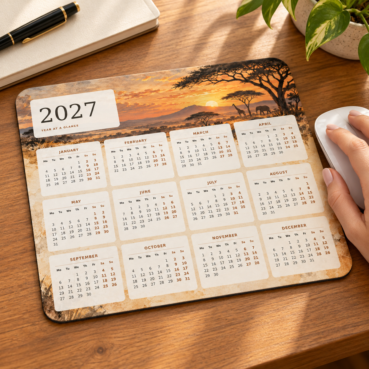 Golden Safari 2027 Calendar Mousepad – lifestyle view