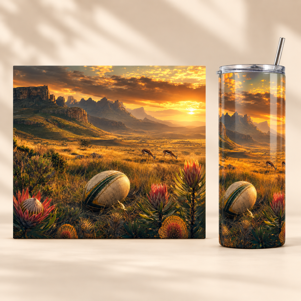 Golden Savanna Rugby Sunset 20oz tumbler beside the full matching print design