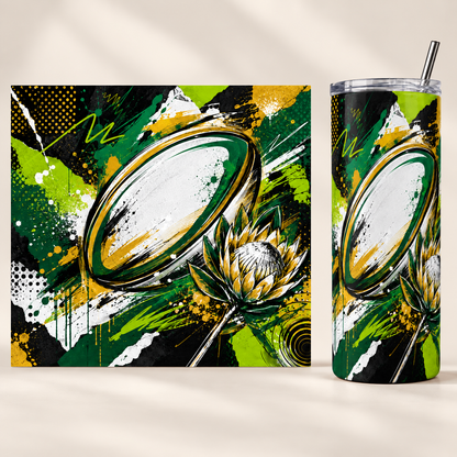 Graffiti Rugby and Protea 20oz tumbler beside the full matching print design