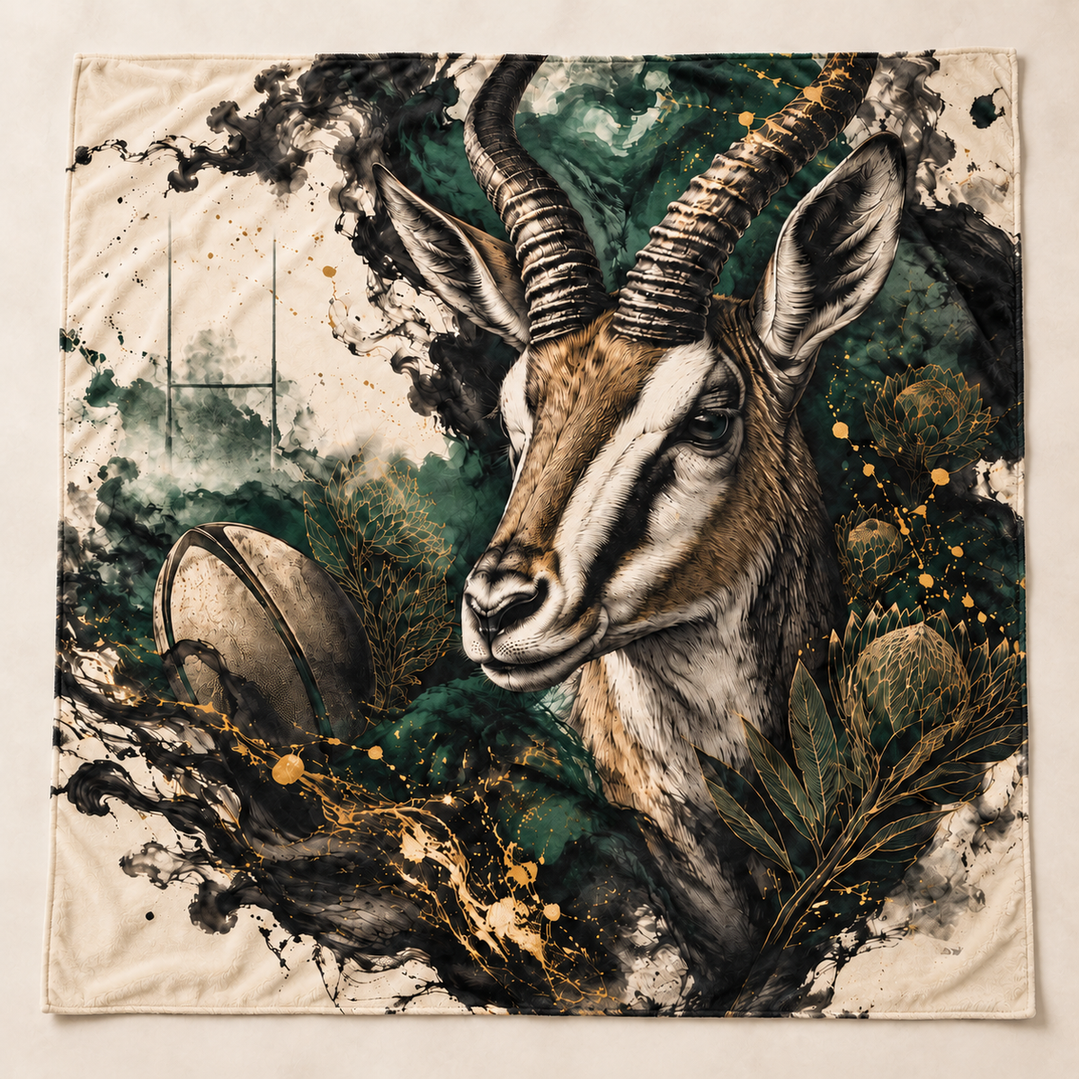 Ink Sketch Springbok Rugby 1450 × 1450 mm printed blanket showing the complete design (mockup)