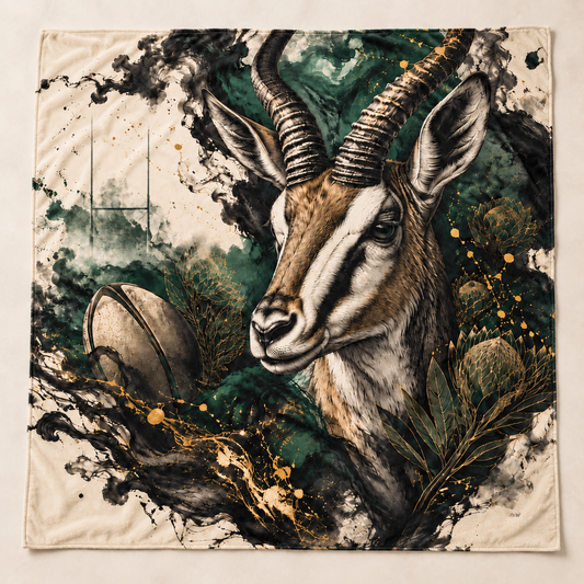 Ink Sketch Springbok Rugby 1450 × 1450 mm printed blanket showing the complete design (mockup)