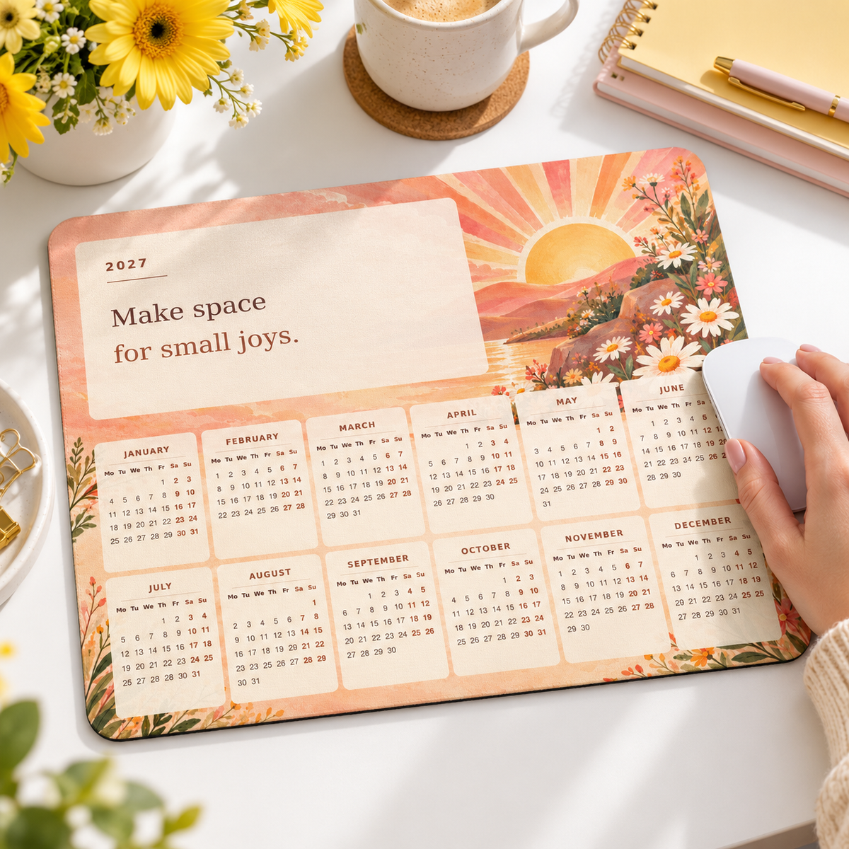 Joyful Sunshine 2027 Calendar Mousepad – lifestyle view