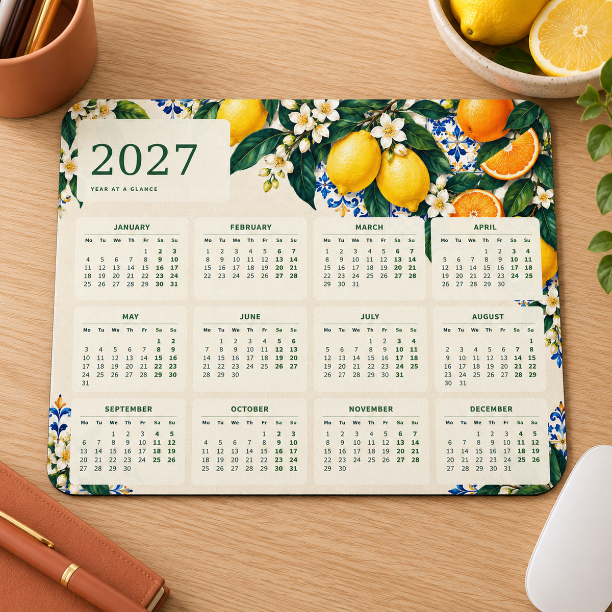 Mediterranean Citrus 2027 Calendar Mousepad – desk view
