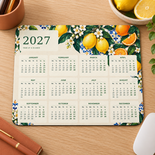 Mediterranean Citrus 2027 Calendar Mousepad – desk view