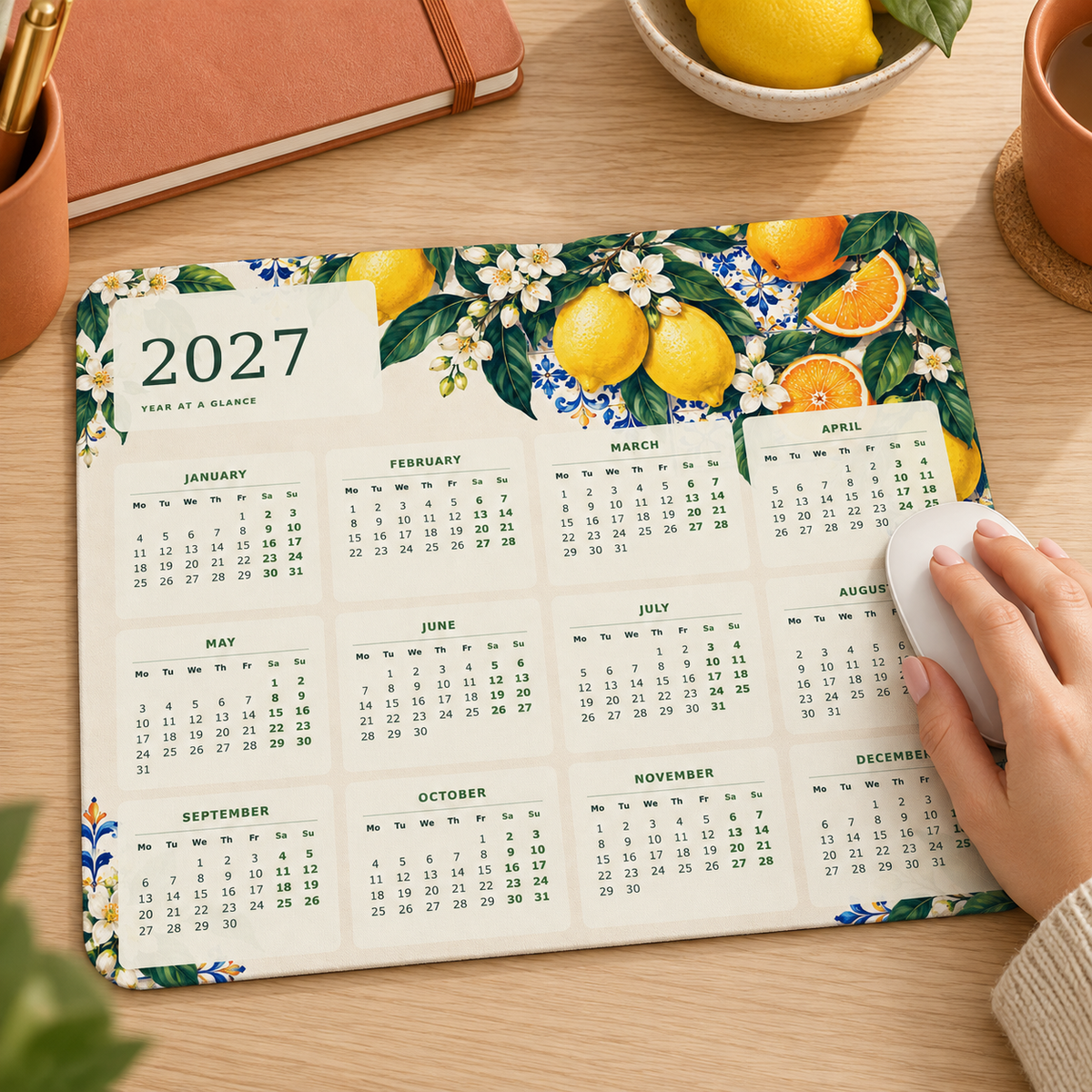 Mediterranean Citrus 2027 Calendar Mousepad – lifestyle view