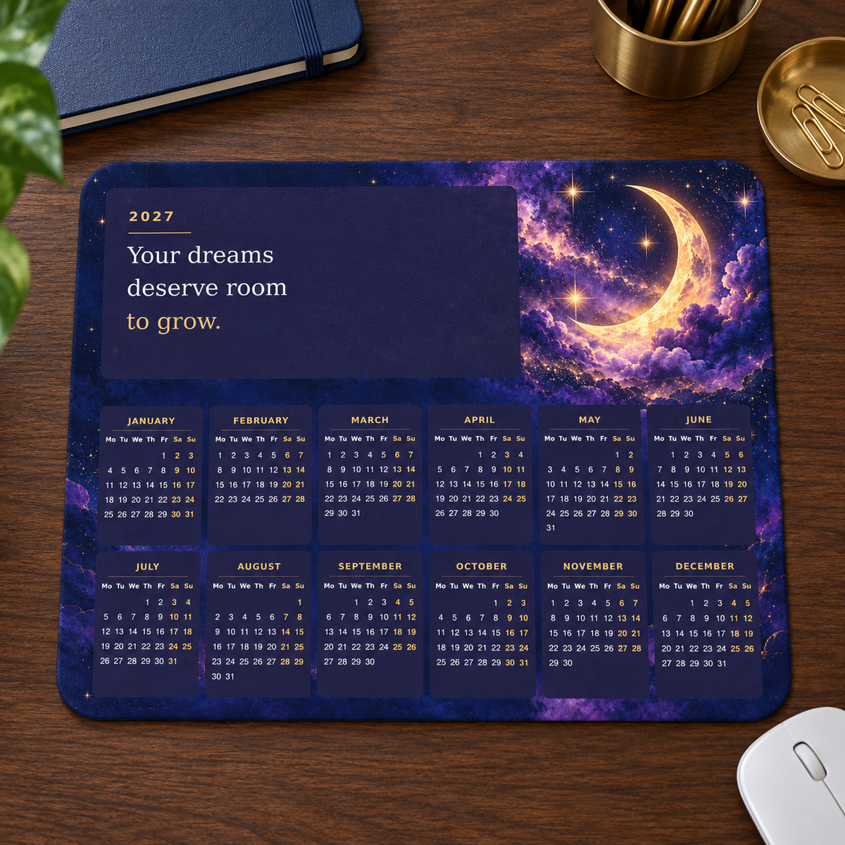 Midnight Dreams 2027 Calendar Mousepad – desk view
