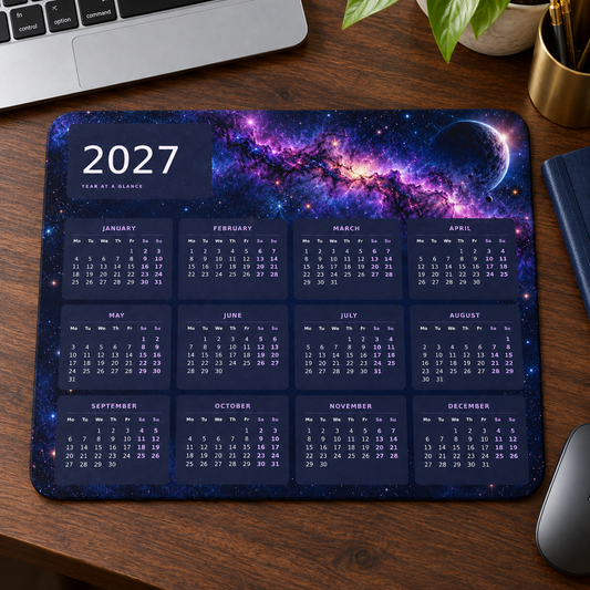 Midnight Galaxy 2027 Calendar Mousepad – desk view