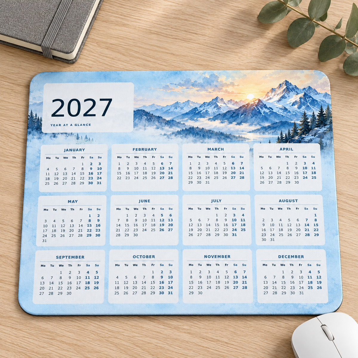 Misty Mountain Escape 2027 Calendar Mousepad – desk view