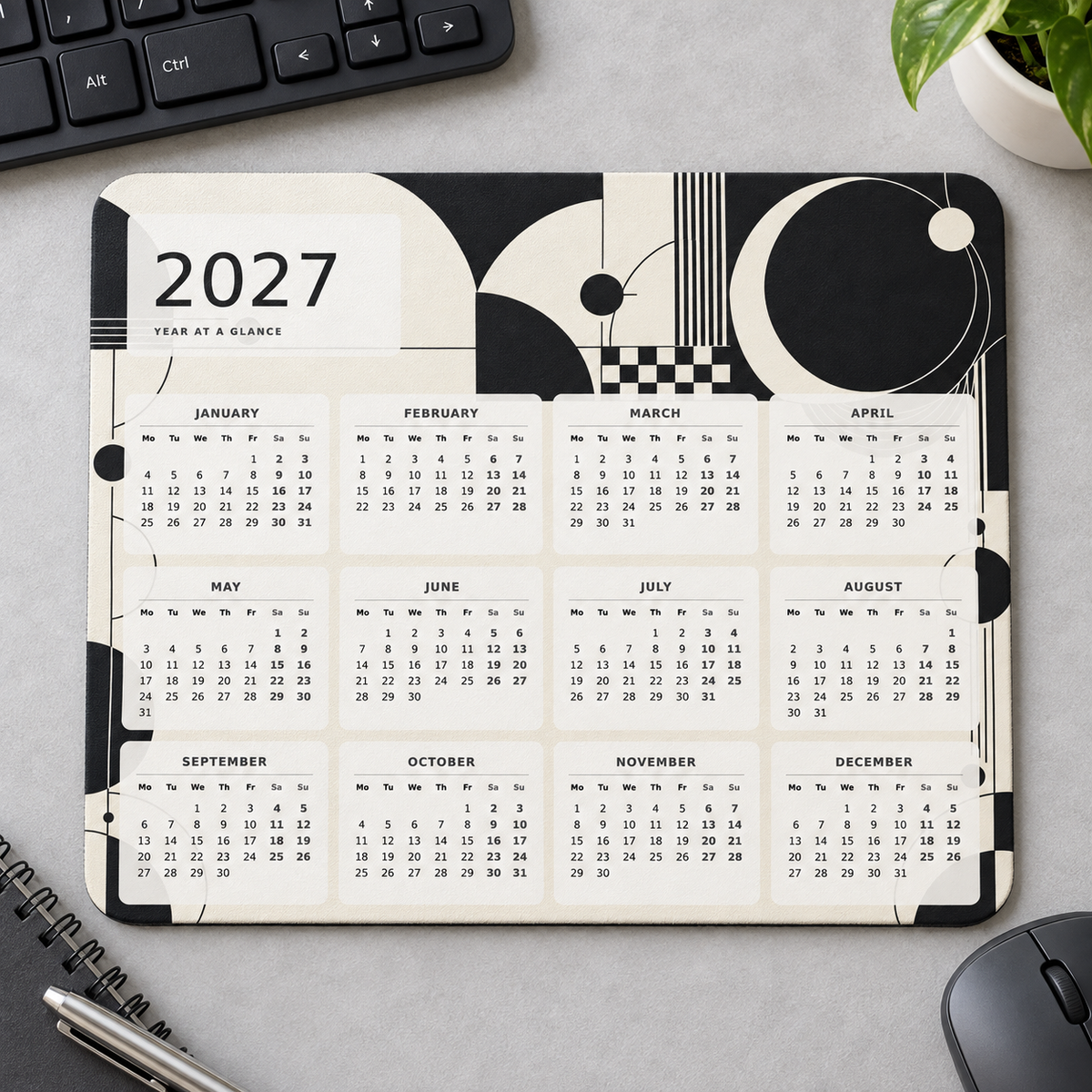 Monochrome Studio 2027 Calendar Mousepad – desk view