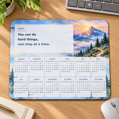 Mountain Resolve 2027 Calendar Mousepad – desk view