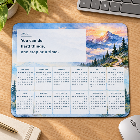 Mountain Resolve 2027 Calendar Mousepad – desk view