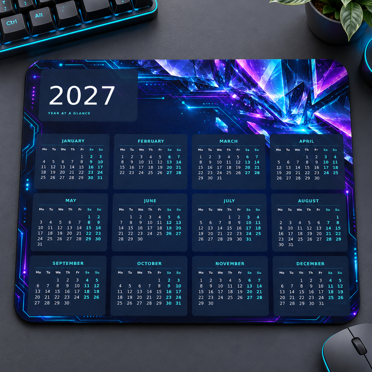 Neon Circuit 2027 Calendar Mousepad – desk view