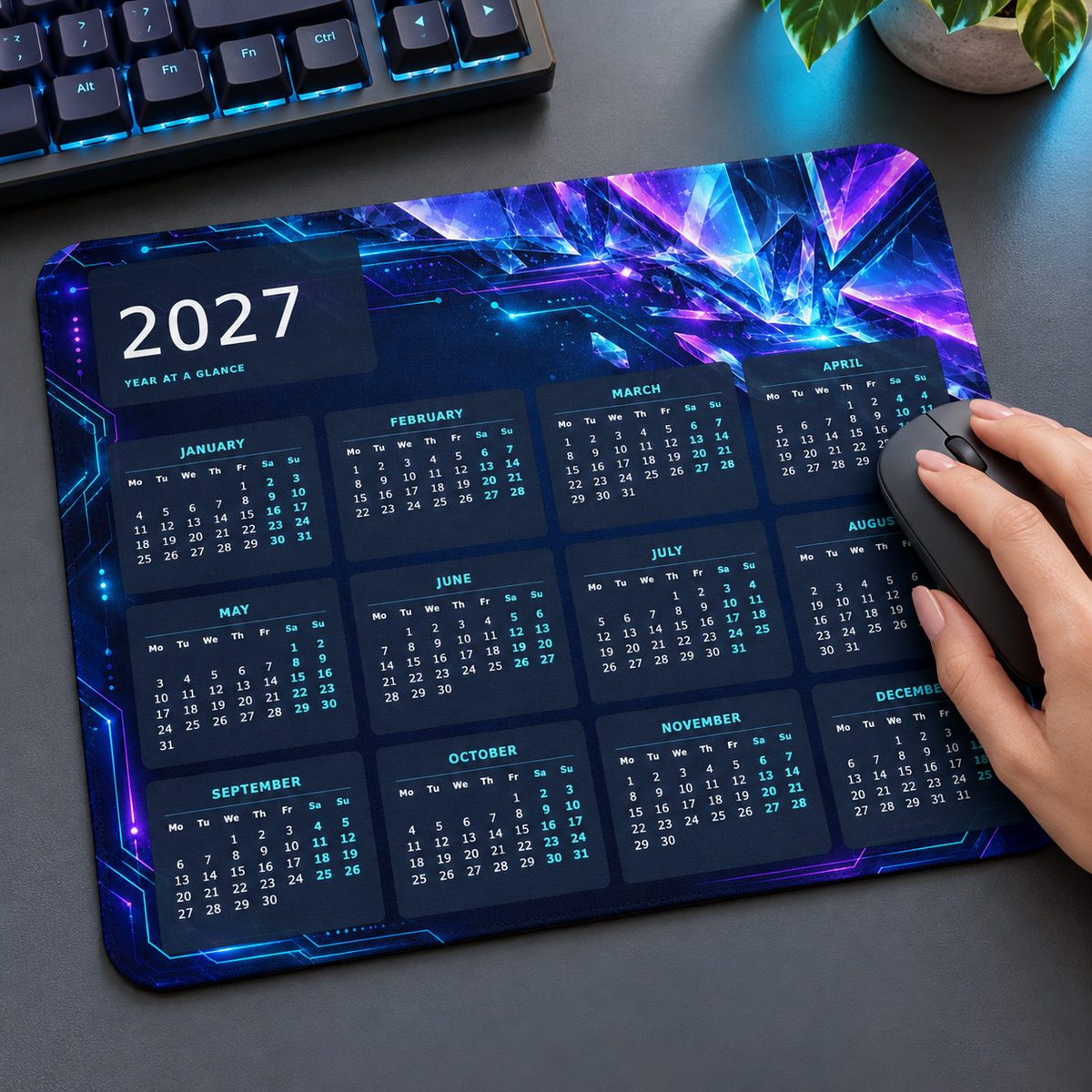 Neon Circuit 2027 Calendar Mousepad – lifestyle view