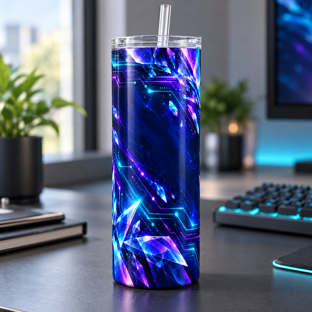 Neon Circuit 20oz Tumbler – desk view