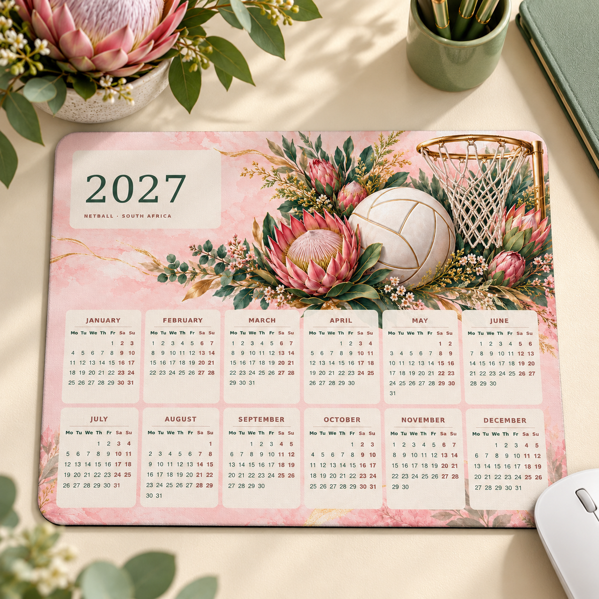 Netball And Proteas 2027 Calendar Mousepad – desk view