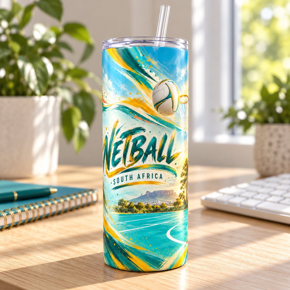 Netball Court Energy 20oz Tumbler – desk view