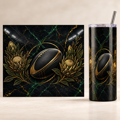 Obsidian Rugby and Protea 20oz tumbler beside the full matching print design