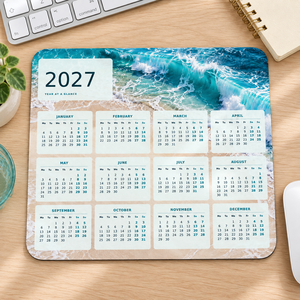 Ocean Tides 2027 Calendar Mousepad – desk view