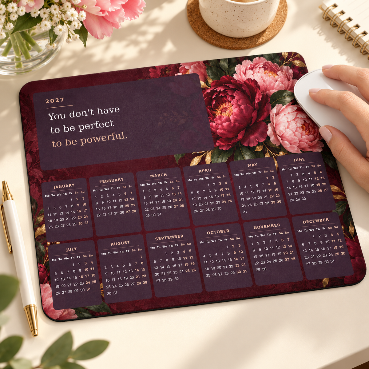 Peony Power 2027 Calendar Mousepad – lifestyle view