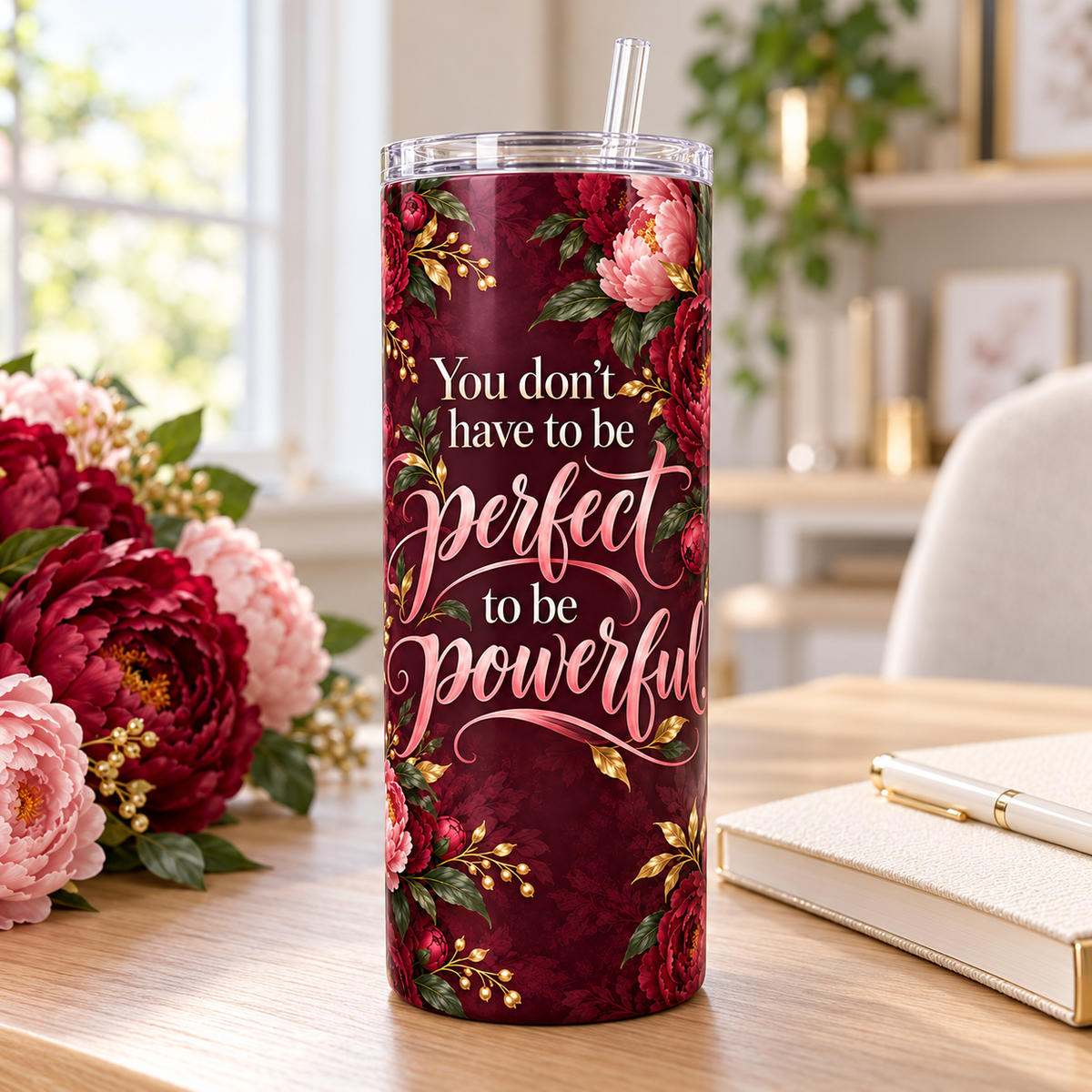 Peony Power 20oz Tumbler – desk view
