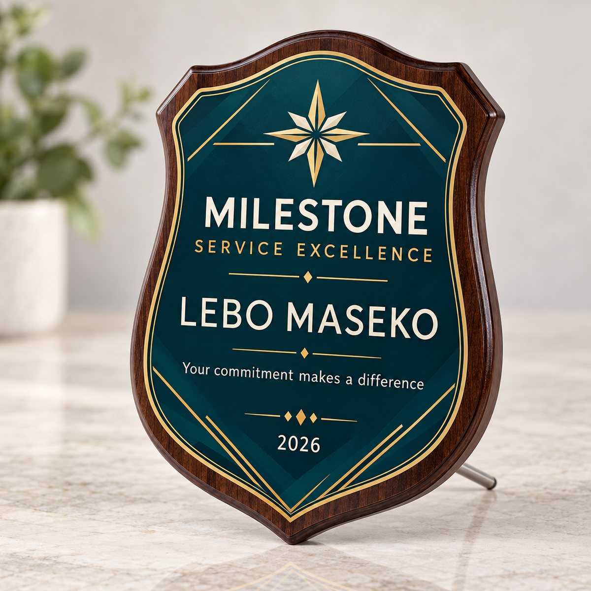 Badge shaped personalised wood and glass service excellence award for corporate recognition