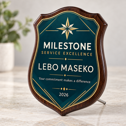 Badge shaped personalised wood and glass service excellence award for corporate recognition