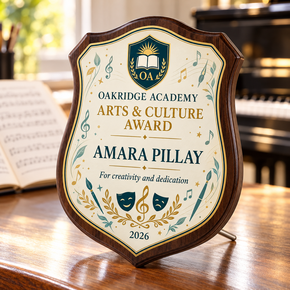 Badge shaped wood and glass school arts and culture award in ivory and teal