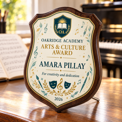 Badge shaped wood and glass school arts and culture award in ivory and teal