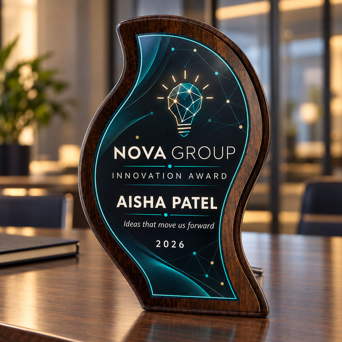 Curved flame wood and glass award with personalised corporate innovation design