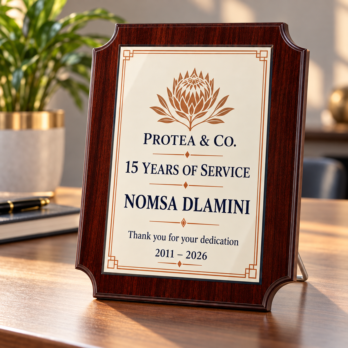Rectangular wood and glass personalised corporate long service award with decorative corners