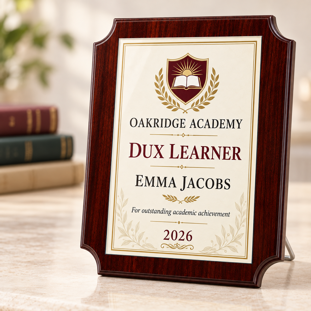 Rectangular wood and glass academic dux learner award with decorative corners