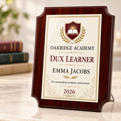 Rectangular wood and glass academic dux learner award with decorative corners