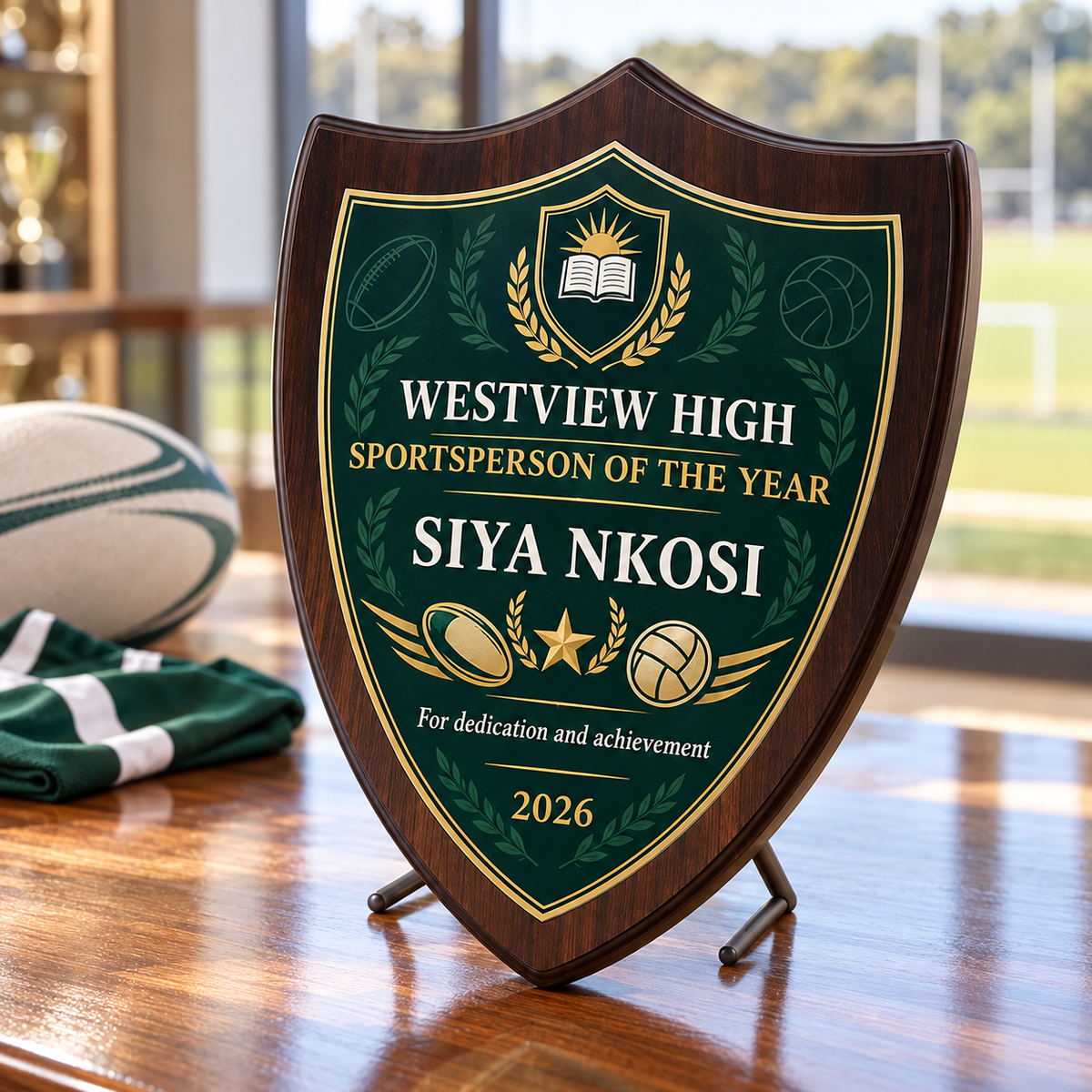 Shield wood and glass school sportsperson of the year award in green and gold