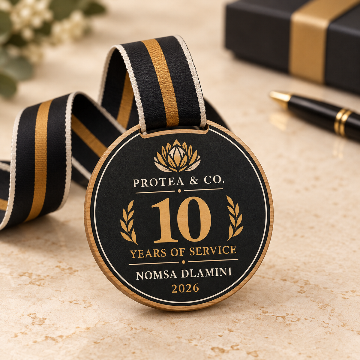Round personalised wood medal for corporate long service recognition