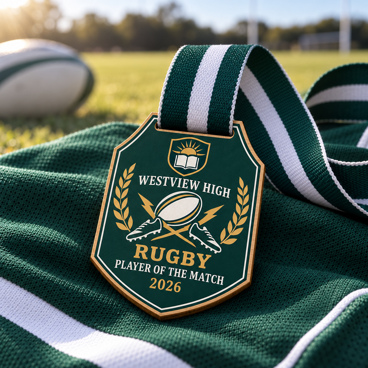 Shield shaped personalised wood rugby player of the match medal with a green ribbon