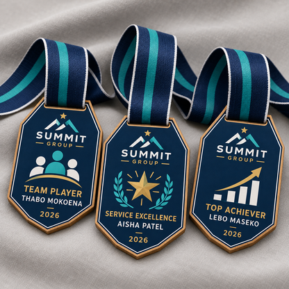 Shield shaped personalised wood medals for team player, service excellence and top achiever awards