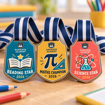 Colourful shield shaped wood medals for reading, maths and science school awards