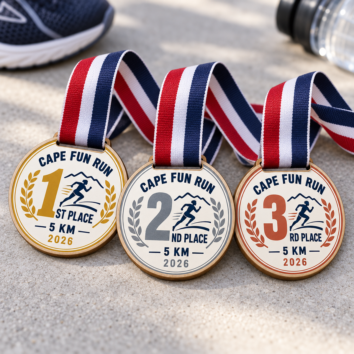Round printed wood medals for first, second and third place in a running event