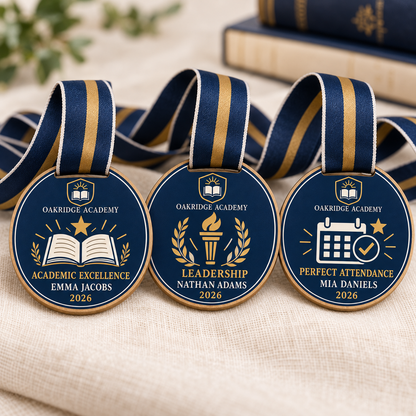 Round personalised wood medals for academic excellence, leadership and perfect attendance