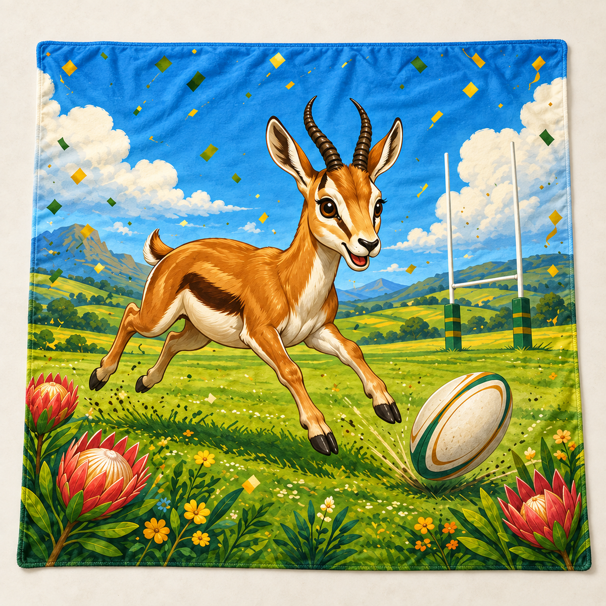 Playful Springbok Rugby 1450 × 1450 mm printed blanket showing the complete design (mockup)