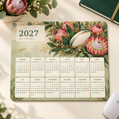 Protea Rugby Elegance 2027 Calendar Mousepad – desk view