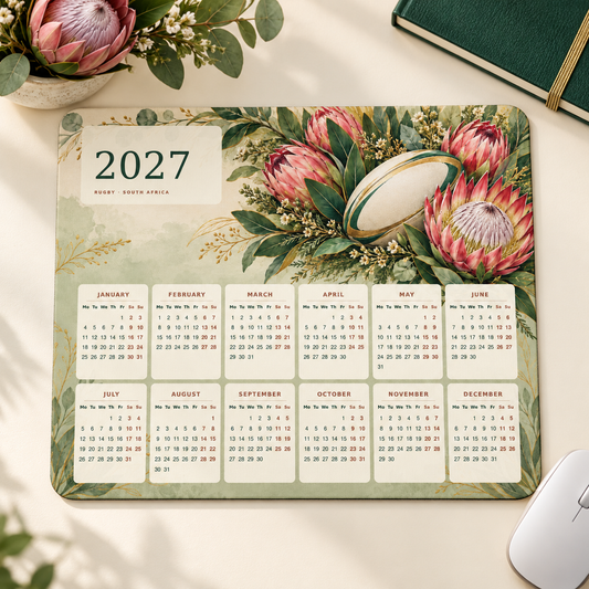 Protea Rugby Elegance 2027 Calendar Mousepad – desk view