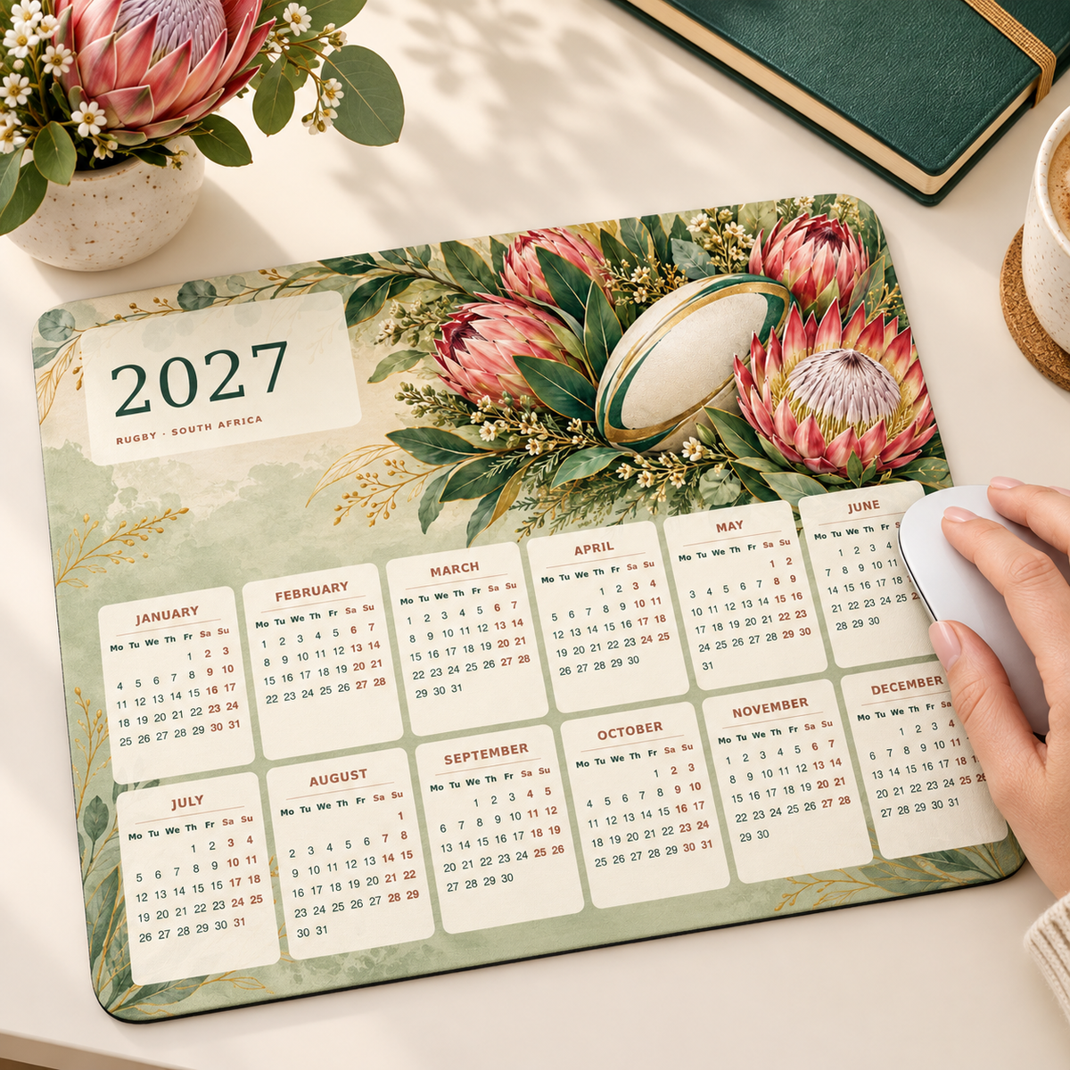 Protea Rugby Elegance 2027 Calendar Mousepad – lifestyle view
