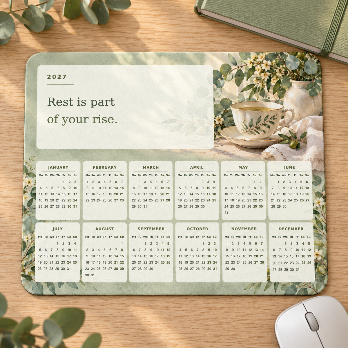 Rest And Rise 2027 Calendar Mousepad – desk view
