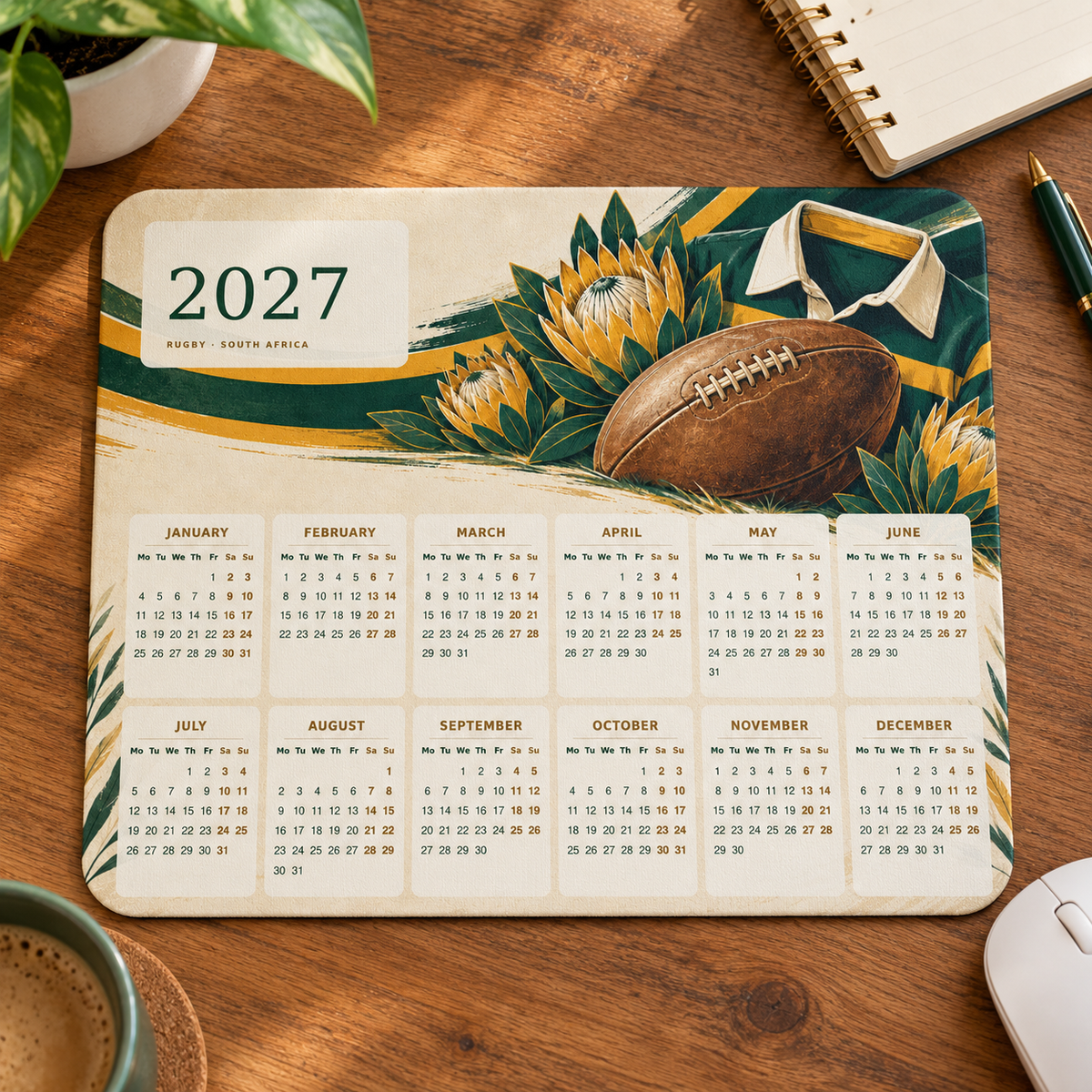 Retro Rugby Club 2027 Calendar Mousepad – desk view