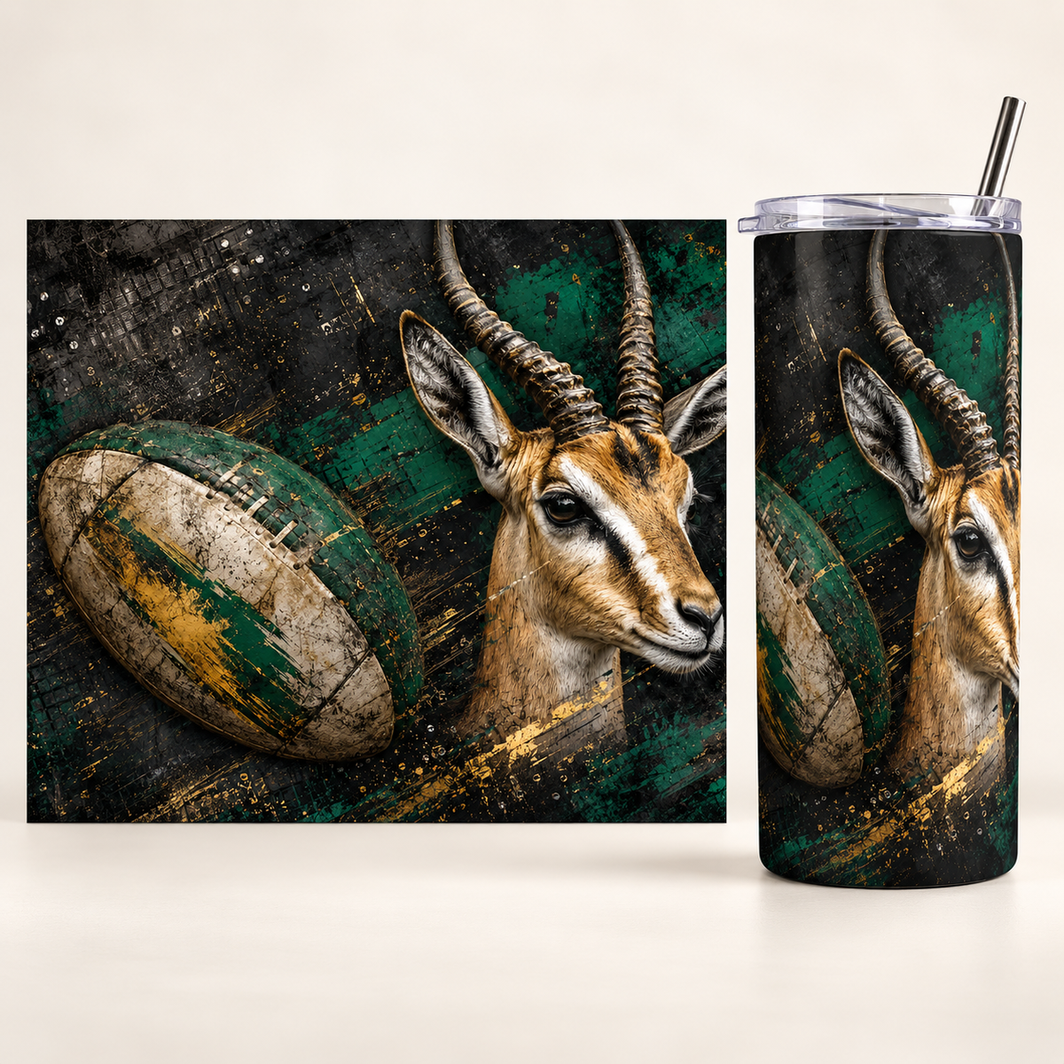 Rugged Springbok Rugby 20oz tumbler beside the full matching print design