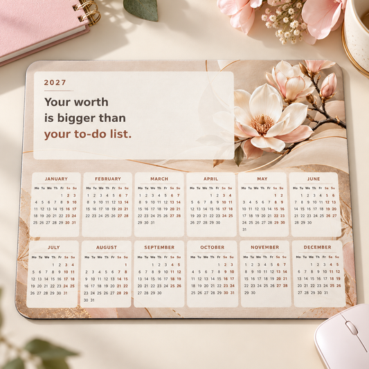 Self Worth 2027 Calendar Mousepad – desk view