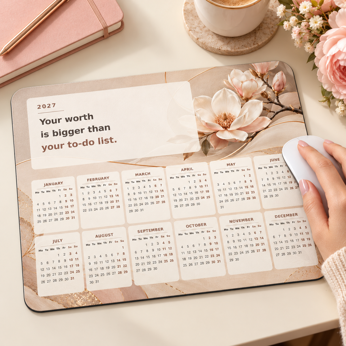 Self Worth 2027 Calendar Mousepad – lifestyle view
